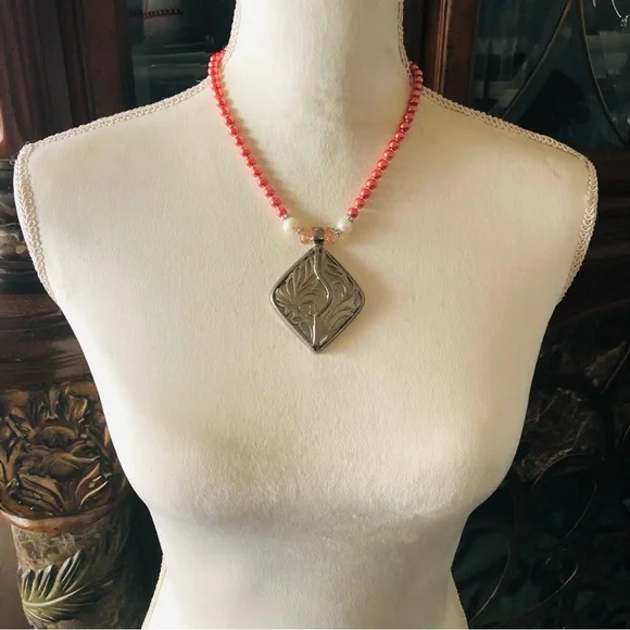 Handcrafted repurpose large filigree pendant Czech glass Pearl necklace